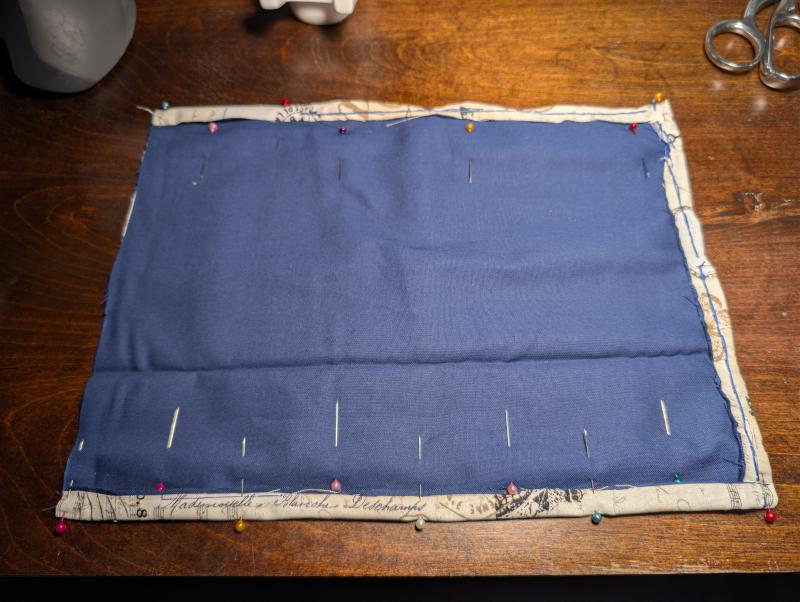 The Marker Bag's interior and exterior fabrics mated together with pins